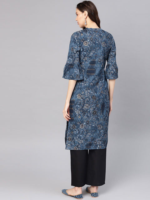 Women Navy Blue & Golden Printed Straight Kurta