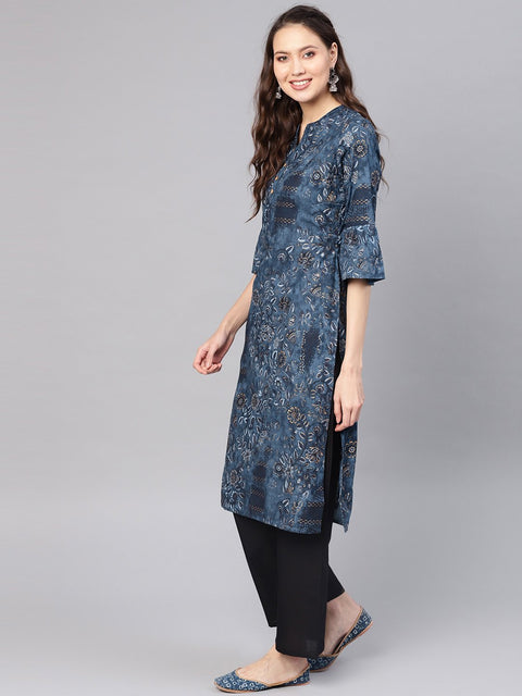 Women Navy Blue & Golden Printed Straight Kurta