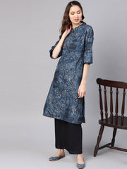 Women Navy Blue & Golden Printed Straight Kurta