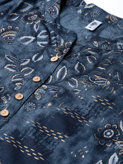 Women Navy Blue & Golden Printed Straight Kurta