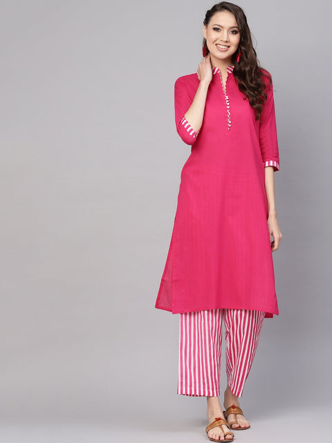 Women Pink & White Solid Kurta with Palazzos
