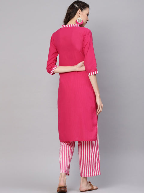 Women Pink & White Solid Kurta with Palazzos