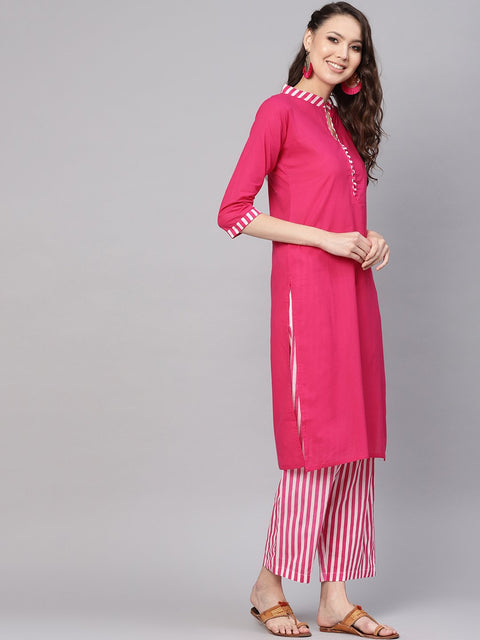 Women Pink & White Solid Kurta with Palazzos