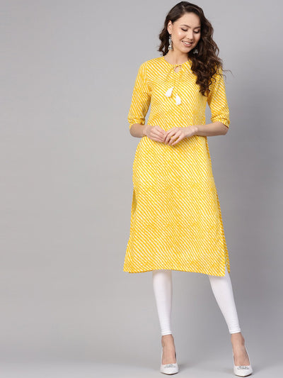 Women Yellow & White Leheriya Print Straight Kurta