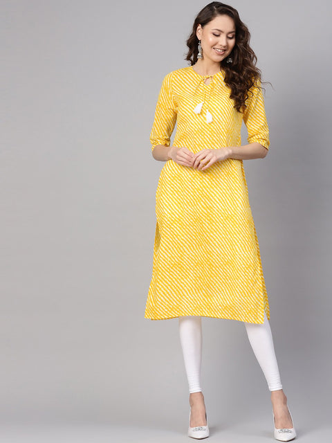 Women Yellow & White Leheriya Print Straight Kurta