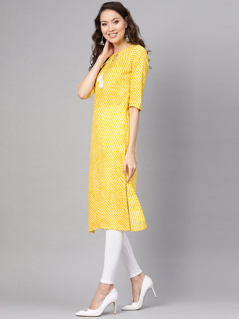 Women Yellow & White Leheriya Print Straight Kurta
