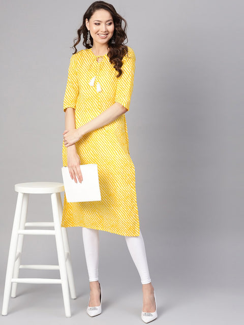 Women Yellow & White Leheriya Print Straight Kurta