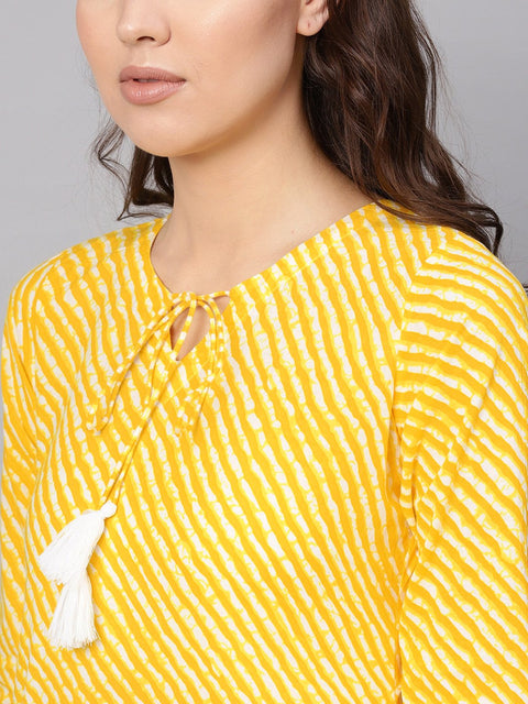 Women Yellow & White Leheriya Print Straight Kurta