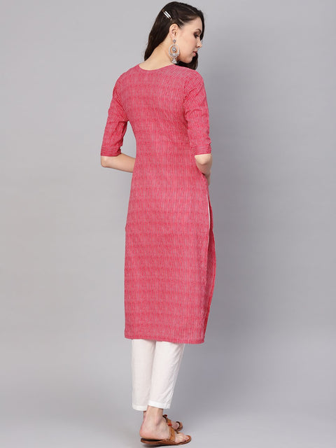 Women Red & White Striped Kurta with Trousers