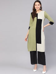 Women Green & Black Colourblocked Straight Kurta