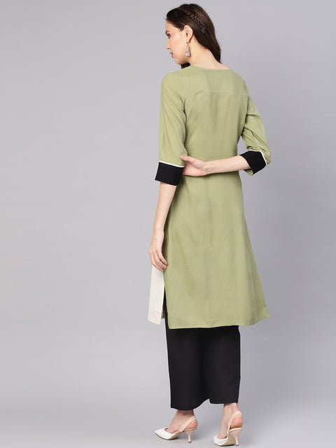Women Green & Black Colourblocked Straight Kurta