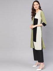 Women Green & Black Colourblocked Straight Kurta
