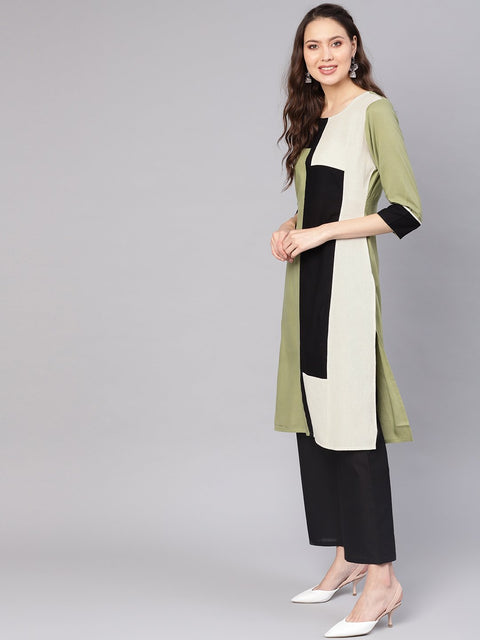 Women Green & Black Colourblocked Straight Kurta