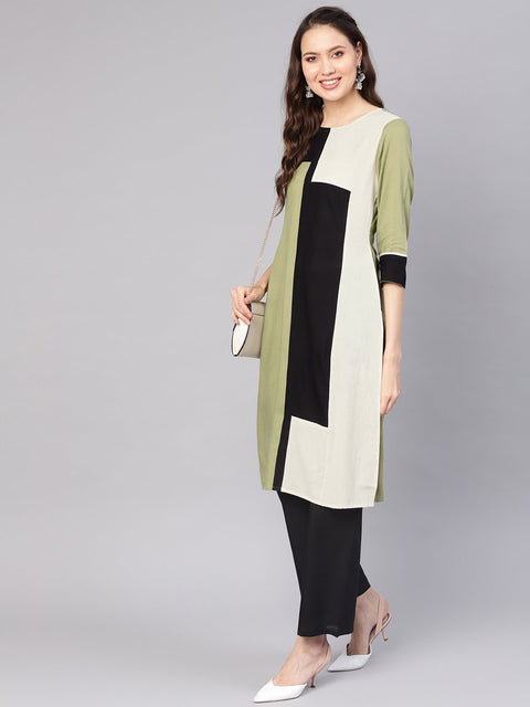 Women Green & Black Colourblocked Straight Kurta