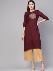 Women Burgundy Yoke Design Straight Kurta