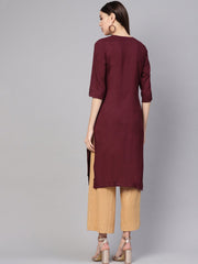 Women Burgundy Yoke Design Straight Kurta