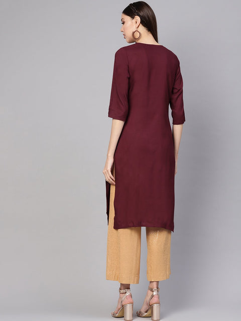 Women Burgundy Yoke Design Straight Kurta