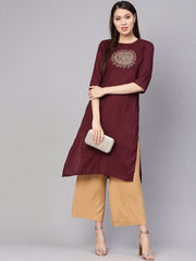 Women Burgundy Yoke Design Straight Kurta