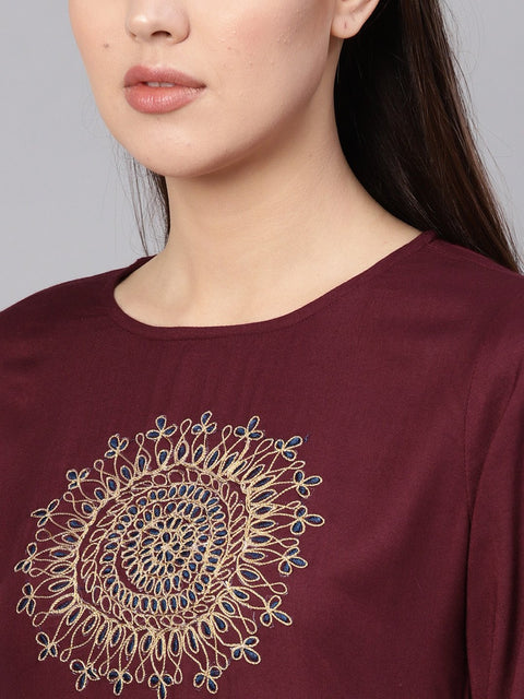 Women Burgundy Yoke Design Straight Kurta