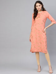 Women Peach-Coloured & Golden Khari Printed Straight Kurta