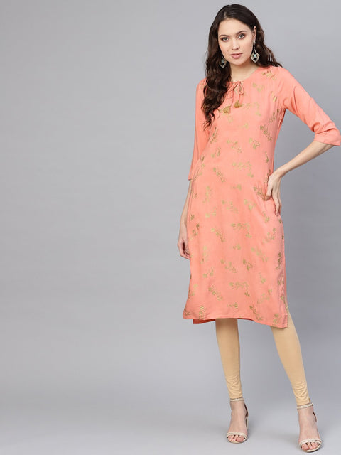 Women Peach-Coloured & Golden Khari Printed Straight Kurta