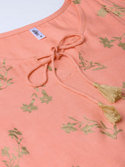 Women Peach-Coloured & Golden Khari Printed Straight Kurta