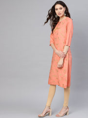 Women Peach-Coloured & Golden Khari Printed Straight Kurta