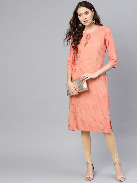 Women Peach-Coloured & Golden Khari Printed Straight Kurta