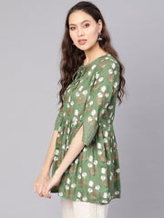 Women Green & White Printed A-Line Tunic