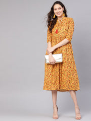 Women Mustard Yellow & Red Printed A-Line Dress
