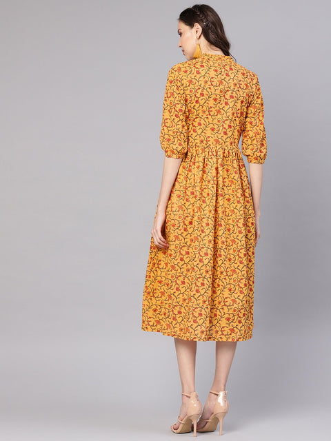 Women Mustard Yellow & Red Printed A-Line Dress