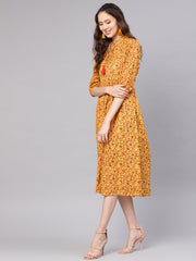 Women Mustard Yellow & Red Printed A-Line Dress