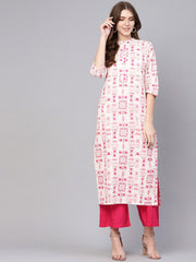 Women White & Pink Printed Straight Kurta