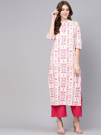 Women White & Pink Printed Straight Kurta