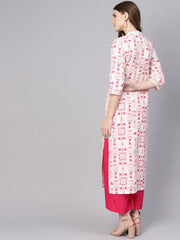 Women White & Pink Printed Straight Kurta