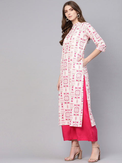 Women White & Pink Printed Straight Kurta