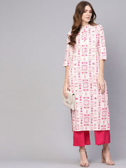 Women White & Pink Printed Straight Kurta