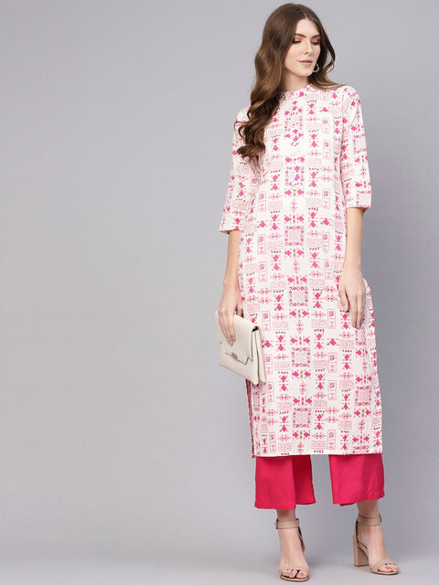 Women White & Pink Printed Straight Kurta