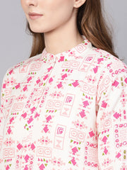 Women White & Pink Printed Straight Kurta