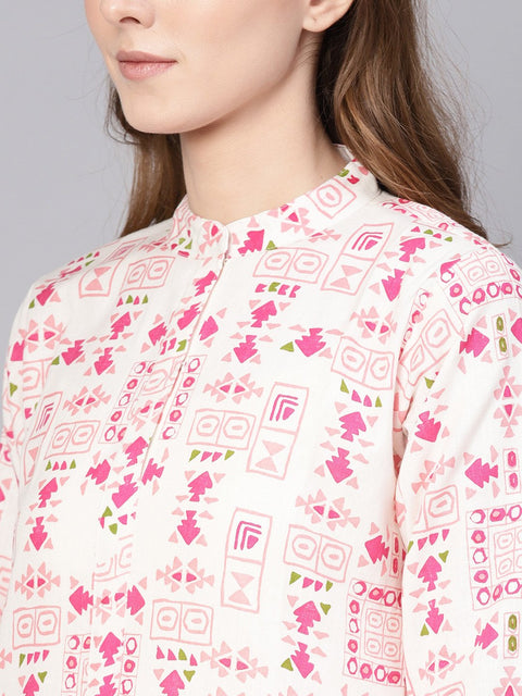 Women White & Pink Printed Straight Kurta