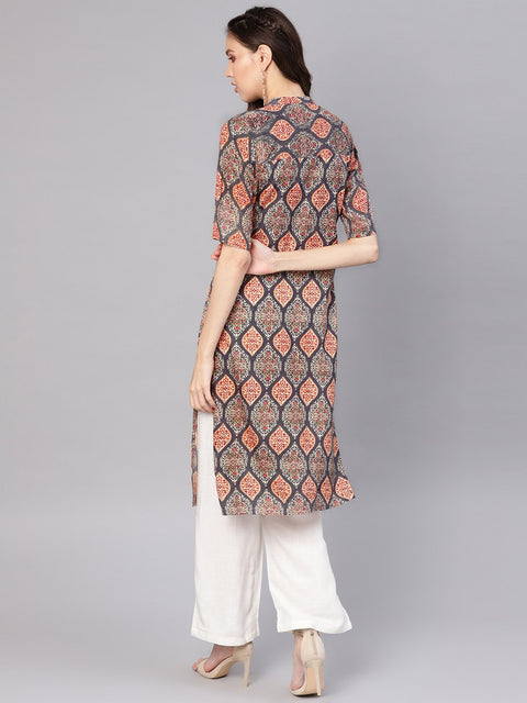 Women Grey & White Printed Kurta with Palazzos