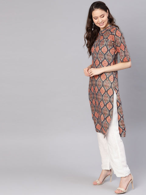 Women Grey & White Printed Kurta with Palazzos