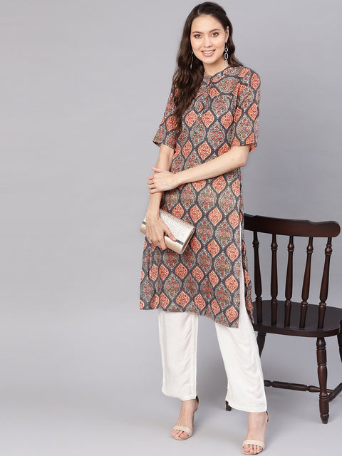 Women Grey & White Printed Kurta with Palazzos