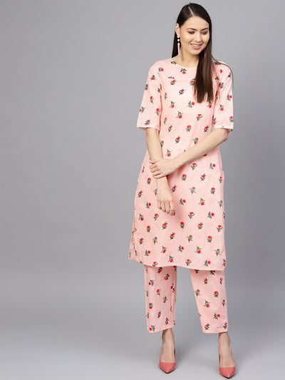 Women Peach-Coloured & Red Printed Kurta with Palazzos