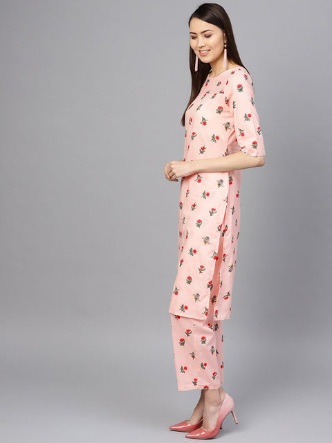 Women Peach-Coloured & Red Printed Kurta with Palazzos
