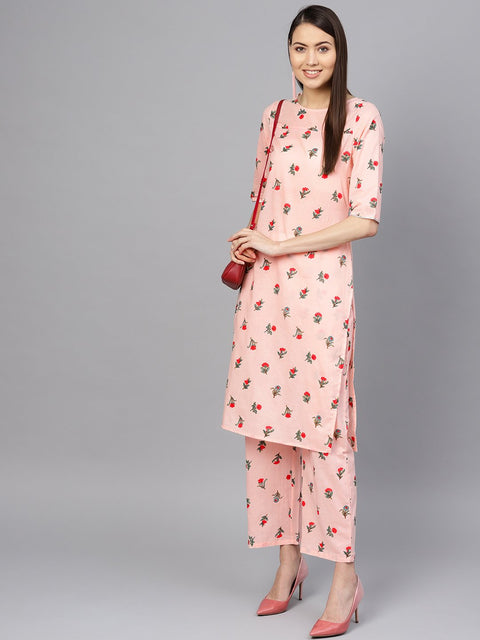 Women Peach-Coloured & Red Printed Kurta with Palazzos