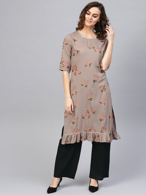 Women Taupe & Black Printed Kurta with Palazzos