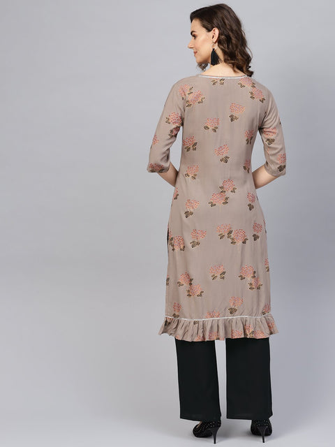 Women Taupe & Black Printed Kurta with Palazzos