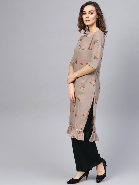 Women Taupe & Black Printed Kurta with Palazzos
