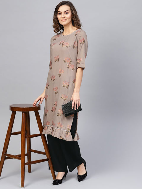 Women Taupe & Black Printed Kurta with Palazzos